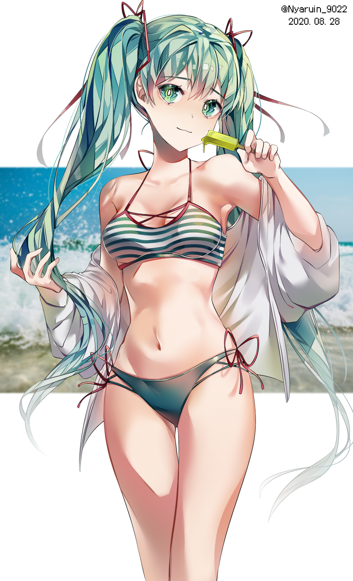 Nyaruin Vocaloid Hatsune Miku Bikini Cleavage Open Shirt Swimsuits